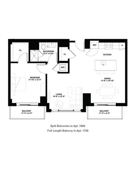 Floor plan for 1 bed, 1 bath, 865 sqft